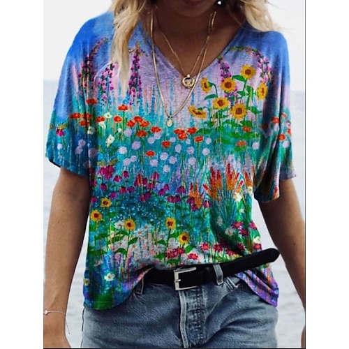 

Women's Floral Theme T shirt Graphic Flower Print V Neck Basic Tops Green Blue Orange / 3D Print