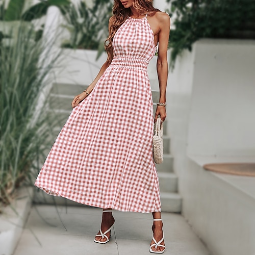 

Women's Plaid Dress Midi Dress Green Blue Pink Sleeveless Plaid Cold Shoulder Summer cold shoulder Casual Vacation Cap Sleeve 2022 S M L XL