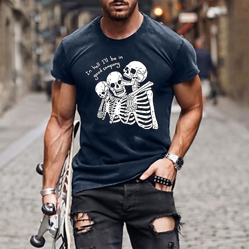 

Men's T shirt Hot Stamping Skull Skeleton Round Neck Casual Daily Print Short Sleeve Tops Simple Basic Blue Black Gray