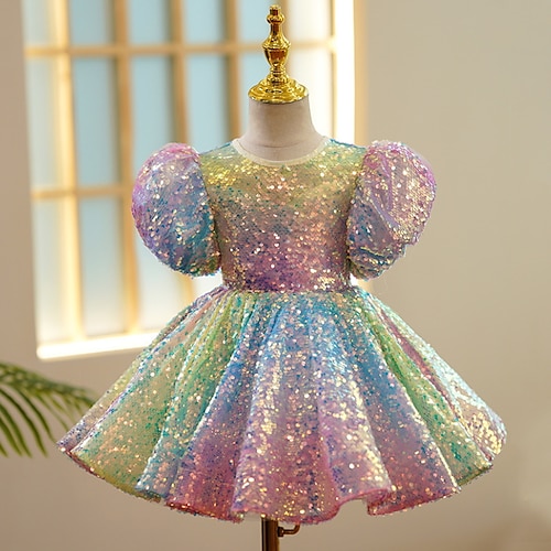 

Kinder Wenig Mädchen Kleid Farbe A Linie Kleid Party Pailletten Rüschen Gitter Regenbogen Maxi Kurzarm Prinzessin nette Art Kleider Frühling Sommer Regular Fit 3-12 Jahre