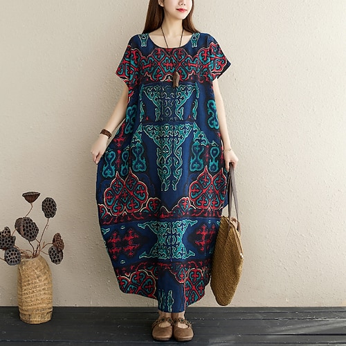 

Women's Shift Dress Maxi long Dress Dark Blue Short Sleeve Print Print Summer Crew Neck Vintage Linen One-Size