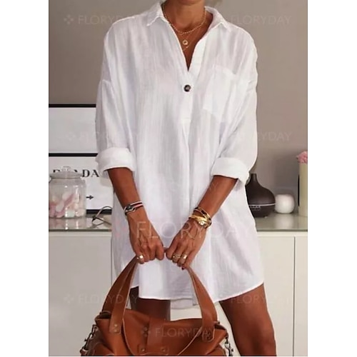 

Women's A Line Dress Short Mini Dress White Long Sleeve Solid Color Ruched Spring Summer Shirt Collar Casual Sexy 2022 S M L XL XXL 3XL / Loose