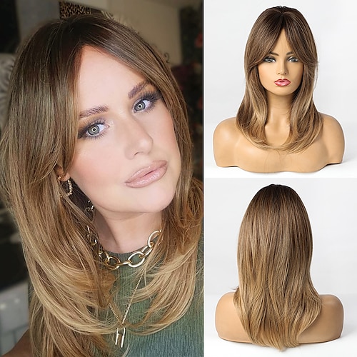 

Medium Wavy Synthetic Wig Ombre Brown Blonde Hair Natural Cosplay Layered Wigs with Side Bangs for Women Heat Resistant Fiber