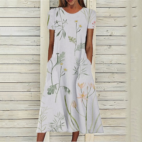 

Women's A Line Dress Midi Dress Gray Short Sleeve Floral Pocket Print Spring Summer Round Neck Stylish Casual Modern 2022 S M L XL XXL 3XL