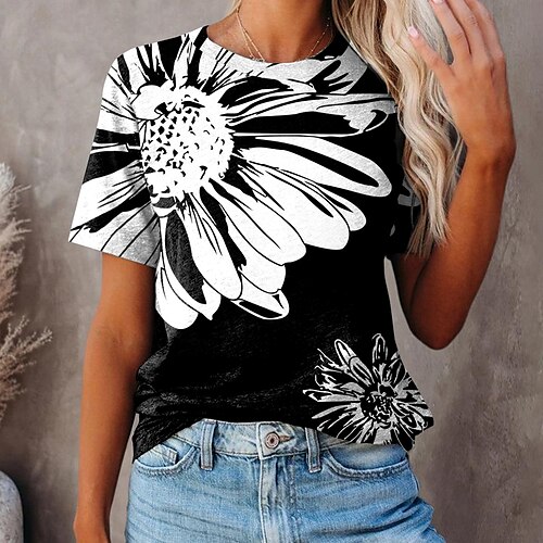 

Women's T shirt Tee Green Blue Purple Floral Print Short Sleeve Casual Weekend Basic Round Neck Regular Floral Painting S / 3D Print