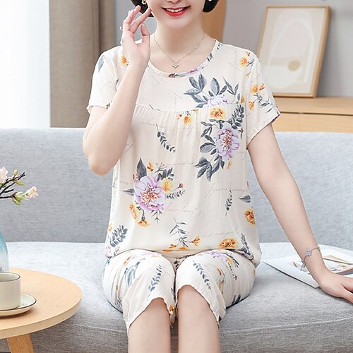 

Women's Pajamas Sets Nighty Stripe Flower Comfort Sweet Home Mother's Day Rayon Gift Crew Neck Short Sleeve Print Spring Summer Green Blue