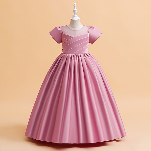 

Kids Girls' Dress Solid Colored Knee-length Dress Wedding Pleated Short Sleeve Cute Dress 4-13 Years Spring Pink Wine Beige