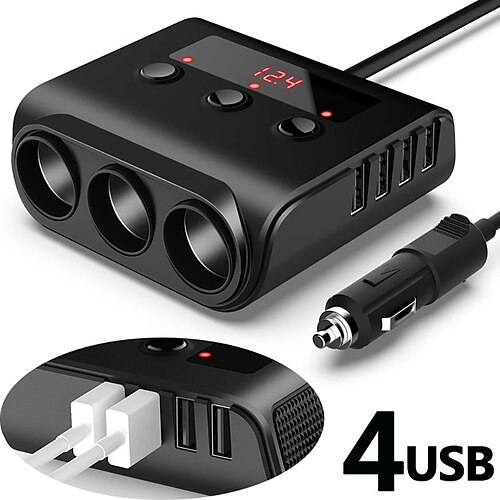 

12/24V Universal TR12 Car Sockets Splitter Cigarette Lighter 4 Port USB Charger Power Adapter LED Display for Phone/iPad/DVR/GPS