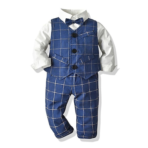 

Kids Boys FormalSet Clothing Set 3 Pieces Long Sleeve Royal Blue Plaid Bow School Formal Gentle Preppy Style 2-6 Years