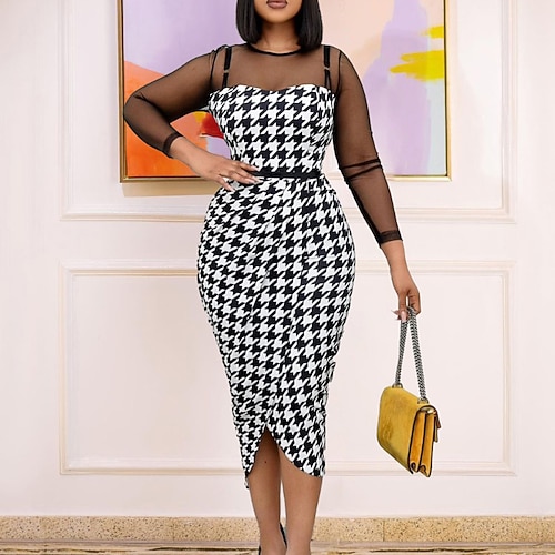 

Women's Sheath Dress Knee Length Dress Blue Black Red Long Sleeve Color Block Geometric Lace up Mesh Spring Summer Round Neck Work Formal 2022 S M L XL XXL 3XL