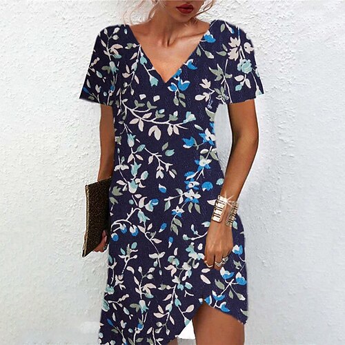 

Women's A Line Dress Short Mini Dress Navy Blue Short Sleeve Floral Print Spring Summer V Neck Casual Vacation 2022 S M L XL XXL 3XL