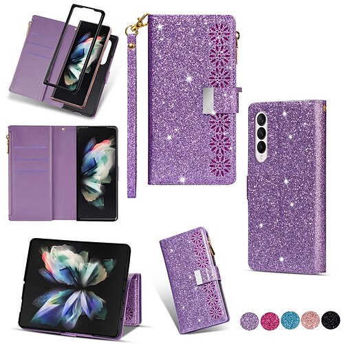 

Phone Case For Samsung Galaxy Wallet Card Z Fold3 Zipper Shockproof with Wrist Strap Solid Colored Glitter Shine PU Leather