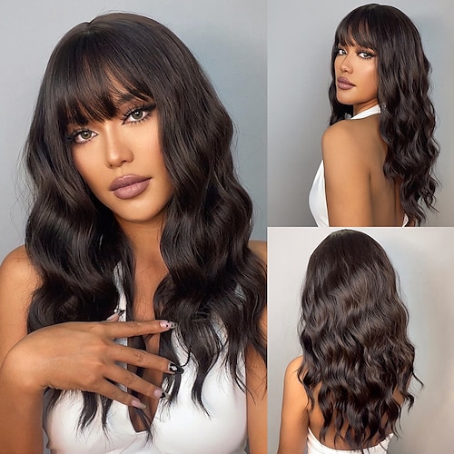 

HAIRCUBE Cosplay Bob Wig with Bangs Dark Brown Synthetic Culy Wigs for African American Women Natural