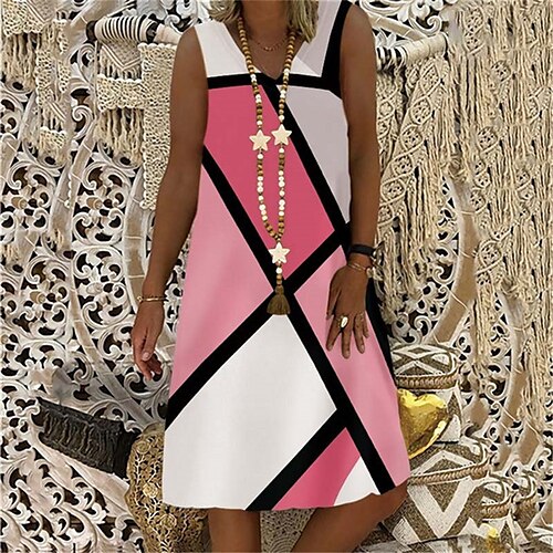 

Damen Casual kleid Etuikleid Minikleid Rosa Purpur Leicht Blau Ärmellos Geometrisch Bedruckt Frühling Sommer V Ausschnitt Casual Wochenende Lockere Passform 2023 S M L XL XXL 3XL 4XL 5XL