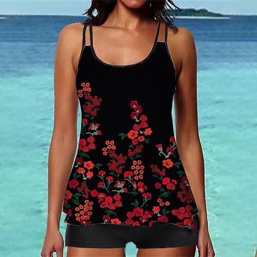 

Women's Swimwear Tankini 2 Piece Normal Swimsuit Printing Floral Black Camisole Strap Bathing Suits Sports Vacation Fashion / Sexy / Modern / New / Padded Bras