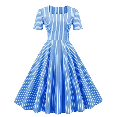 

Women's Audrey Hepburn 1950s Swing Dress 100% Cotton Retro Vintage Flare Dress Strip Dailywear Tea Party Short Sleeve Dress Christmas