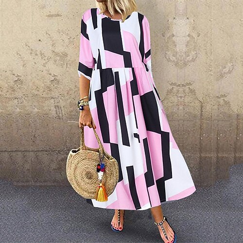 

Women's Shift Dress Maxi long Dress Green Blue Pink Light Blue Half Sleeve Floral Geometric Print Spring Summer Round Neck Casual Vacation 2022 M L XL XXL 3XL 4XL 5XL