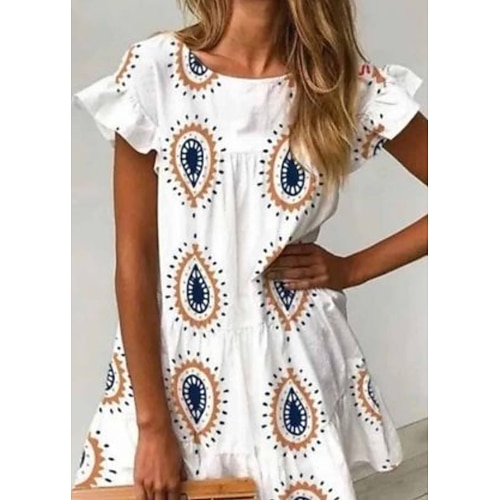 

Women's A Line Dress Short Mini Dress White Short Sleeve Print Ruched Print Spring Summer Crew Neck Elegant Casual 2022 S M L XL XXL 3XL