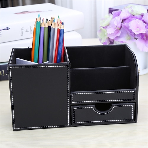 

Pen Holder Cup Multifunction Big Capacity With Drawer PU Leather for Office Men Home