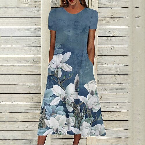 

Women's A Line Dress Midi Dress Blue Short Sleeve Floral Pocket Print Spring Summer Round Neck Stylish Casual Modern 2022 S M L XL XXL 3XL