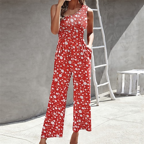 

Women's Jumpsuit Pocket Print Floral One Shoulder Streetwear Party Holiday Regular Fit Sleeveless Green Blue Red S M L Spring