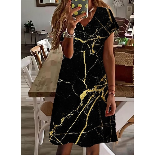 

Women's Shift Dress Knee Length Dress Black Short Sleeve Print Print Spring Summer V Neck Stylish Casual 2022 S M L XL XXL 3XL