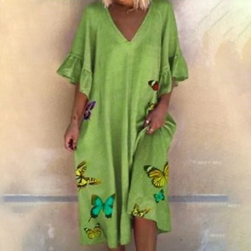

Women's Shift Dress Knee Length Dress Green Khaki Red Half Sleeve Butterfly Animal Ruffle Print Spring Summer V Neck Casual 2022 S M L XL XXL 3XL