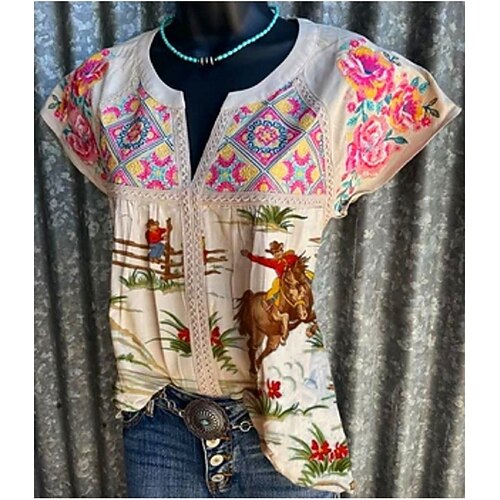 

Women's Plus Size Tops T shirt Tee Graphic Geometry Print Short Sleeve V Neck Vintage Streetwear Daily Vacation Polyester Spring Summer Brown Beige