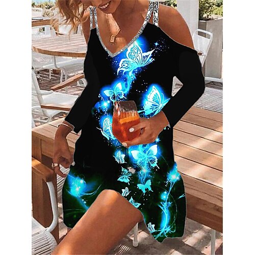 

Damen Casual kleid A Linie Kleid Minikleid Blau Langarm Tier Kalte Schulter Sommer Frühling V Ausschnitt Urlaub 2023 S M L XL XXL 3XL