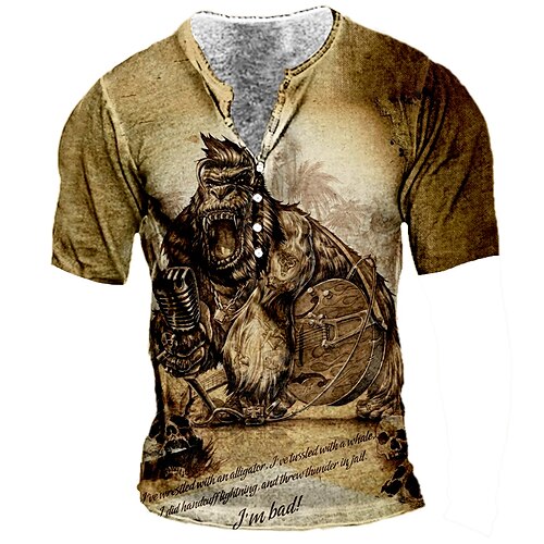 

Men's Henley Shirt Tee T shirt 3D Print Graphic Animal Plus Size Henley Daily Sports Button-Down Print Short Sleeve Tops Basic Casual Designer Big and Tall Brown