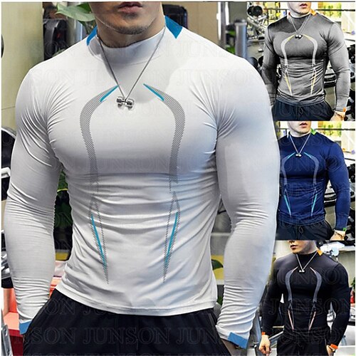 

Men's T shirt Color Block Round Neck Casual Sports Long Sleeve Tops Muscle White Black Dark Gray