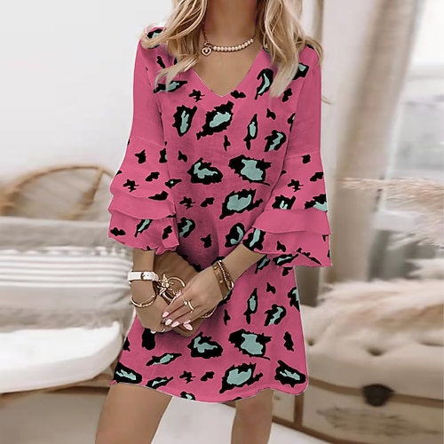 

Women's A Line Dress Short Mini Dress Light Red 3/4 Length Sleeve Print Print Spring Summer V Neck Casual Vacation Flare Cuff Sleeve 2022 S M L XL XXL 3XL