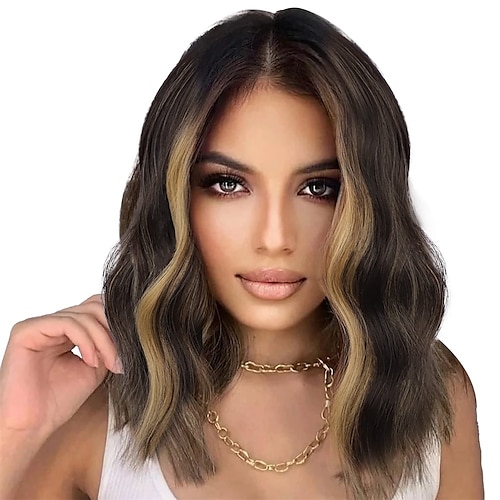 

Short Wavy Wigs for Women Shoulder Length Wavy Wigs Synthetic Dark Brown Mixed Blonde Highlights Short Bob Wig for Daily Use