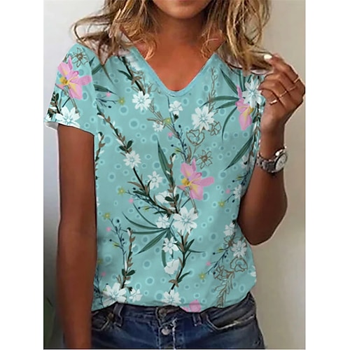 

Mulheres Camiseta Azul Floral Patchwork Imprimir Manga Curta Casual Diário Básico Decote V Padrão S