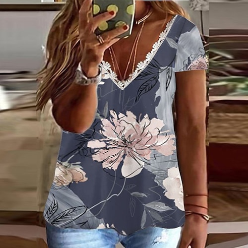 

Women's Plus Size Tops T shirt Floral Striped Lace Trims Print Short Sleeve V Neck Streetwear Daily Going out Cotton Blend Spring Summer Blue Gray