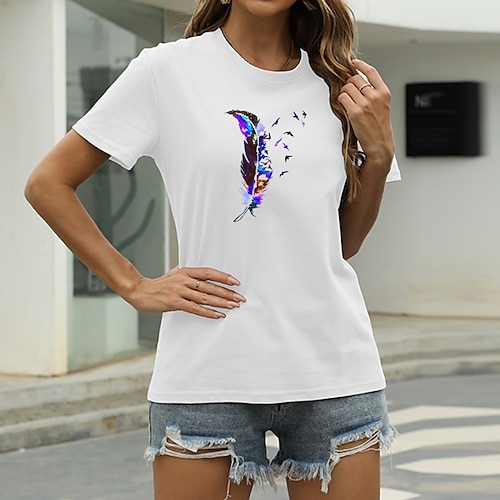 

Women's T shirt Tee Green Blue Yellow Graphic Feather Print Short Sleeve Casual Going out Basic Round Neck Regular 100% Cotton S
