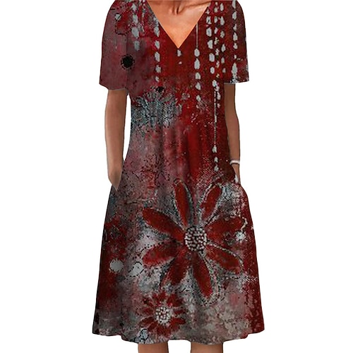 

Women's Shift Dress Knee Length Dress Green Blue Purple Wine Fuchsia Navy Blue Short Sleeve Floral Pocket Print Spring Summer V Neck Stylish Casual 2022 S M L XL XXL 3XL
