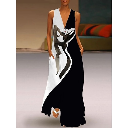 

Women's A Line Dress Maxi long Dress Black Sleeveless Print Color Block Ruched Print Spring Summer V Neck Elegant Casual 2022 S M L XL XXL 3XL