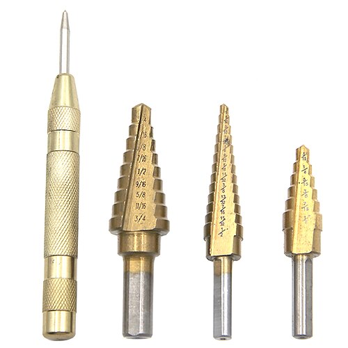 

HSS Step Drill Bits 1/4 to 3/4 Power Tools Wholesale Price 3pcs/set With Center Punch Metal Drilling TitaniumTriangular Handle