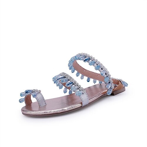 

Damen Sandalen Täglich Sommer Strass Flacher Absatz Offene Spitze Minimalismus PU Leder Gummiband Einfarbig Gelb Rosa Hellblau