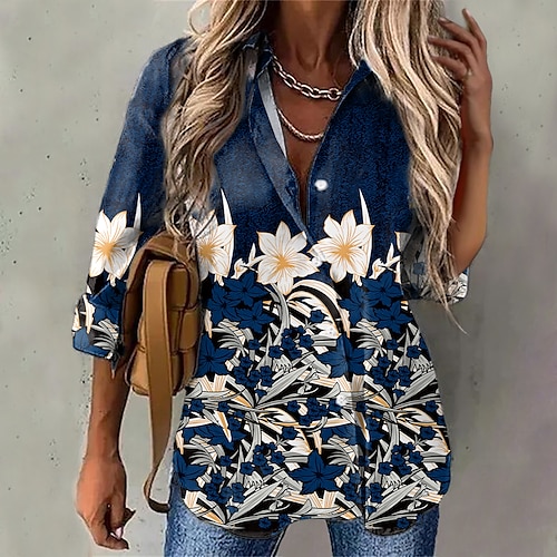 

Women's Floral Theme Blouse Shirt Floral Button Print Shirt Collar Casual Streetwear Tops Green Blue Gray / 3D Print