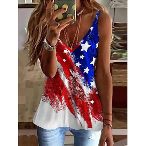 

Women's Independence Day Tank Top Camis Flag Patchwork Print V Neck Casual Beach Tops Rainbow / 3D Print