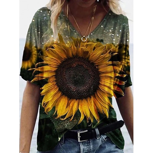 

Women's Floral Theme Butterfly Painting T shirt Floral Butterfly Sunflower Print V Neck Basic Tops Green White Black / 3D Print