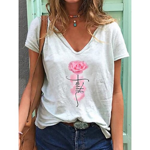 

Women's Floral Theme T shirt Floral Plants Print V Neck Basic Tops White