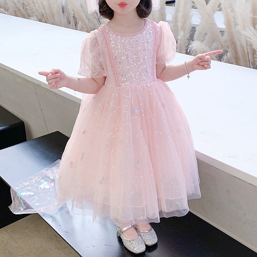 

Kids Little Girls' Dress Solid Colored A Line Dress Wedding Christening dress Sequins Ruched Mesh Pink Maxi Short Sleeve Princess Cute Dresses Spring Summer Regular Fit 2# 2-8 Years
