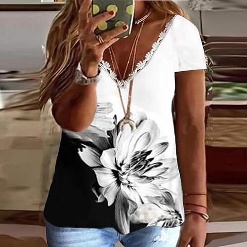 

Women's Plus Size Tops T shirt Floral Graphic Lace Trims Print Short Sleeve V Neck Streetwear Daily Going out Cotton Blend Spring Summer White Gray