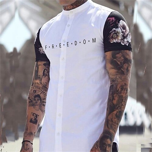 

Men's Shirt Print Color Block Stand Collar Casual Daily Button-Down Print Short Sleeve Tops Casual Fashion White