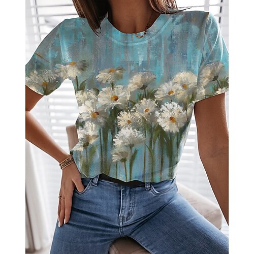 

Women's T shirt Tee Green Floral Print Short Sleeve Casual Holiday Basic Round Neck Regular Floral Painting S / 3D Print