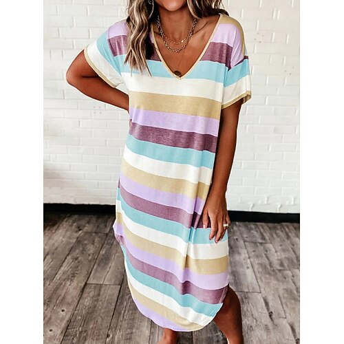 

Women's A Line Dress Midi Dress Rainbow Short Sleeve Striped Ruched Print Spring Summer V Neck Elegant Casual 2022 S M L XL XXL