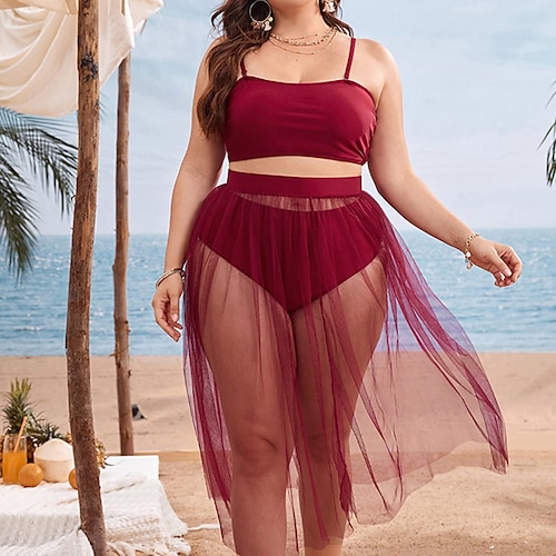 

Mulheres Roupa de Banho Biquíni Três Peças Anti-Assaduras Tamanho Grande roupa de banho Com Transparência para bustos grandes Cor gradiente Preto Azul Laranja Vermelho Com Alças Fatos de banho novo